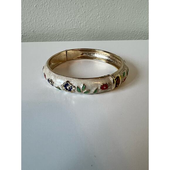 Vintage Cloisonne 7" Cuff Bangle Bracelet Hinged Ivory Purple / Red Flowers - Picture 2 of 4